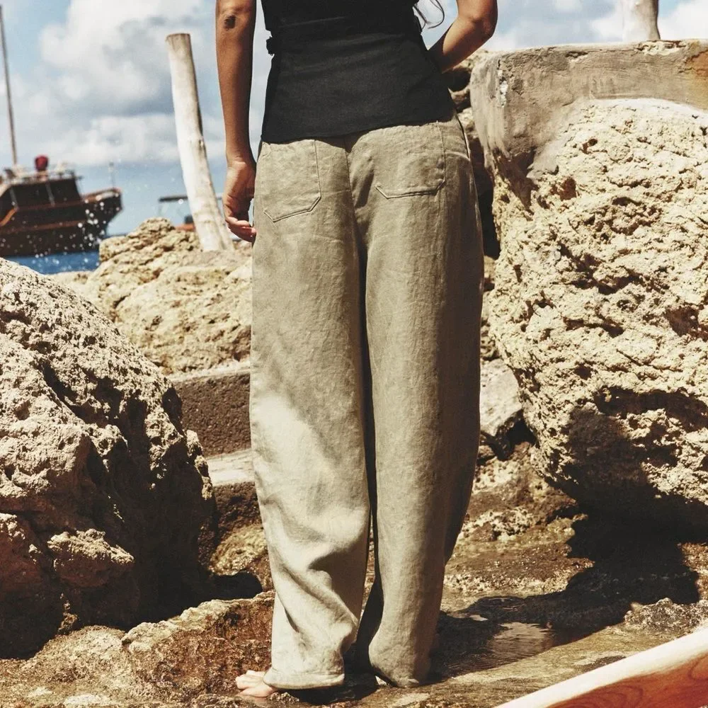 ZARA 100% LINEN WIDE-LEG PANTS GREEN